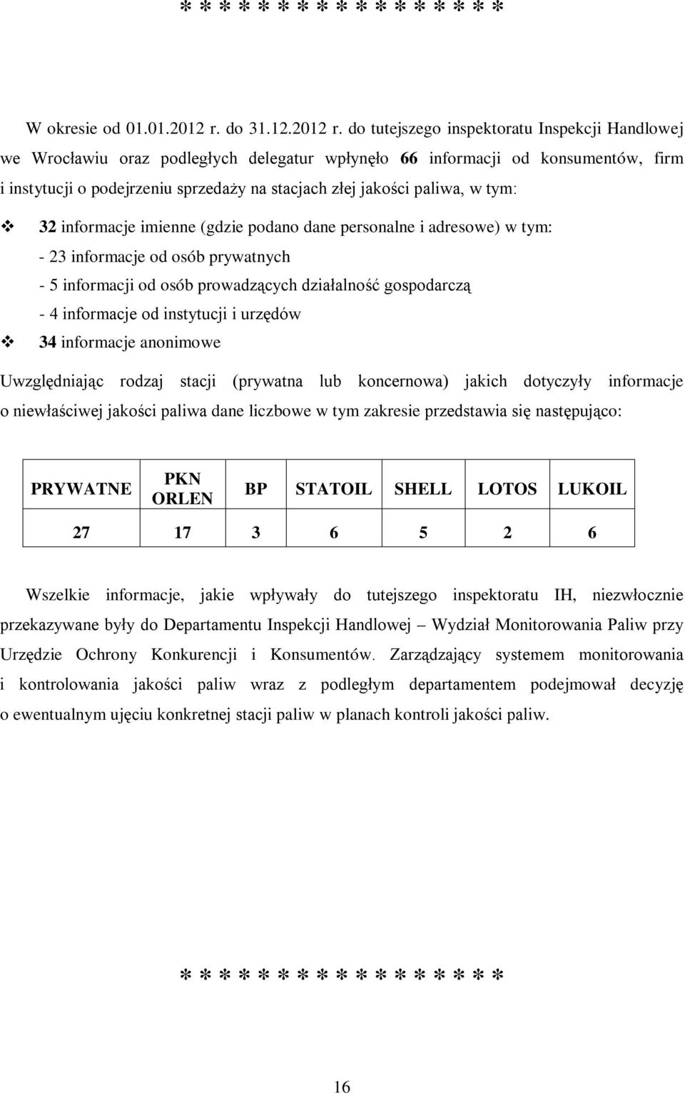 do tutejszego inspektoratu Inspekcji Handlowej we Wrocławiu oraz podległych delegatur wpłynęło 66 informacji od konsumentów, firm i instytucji o podejrzeniu sprzedaży na stacjach złej jakości paliwa,