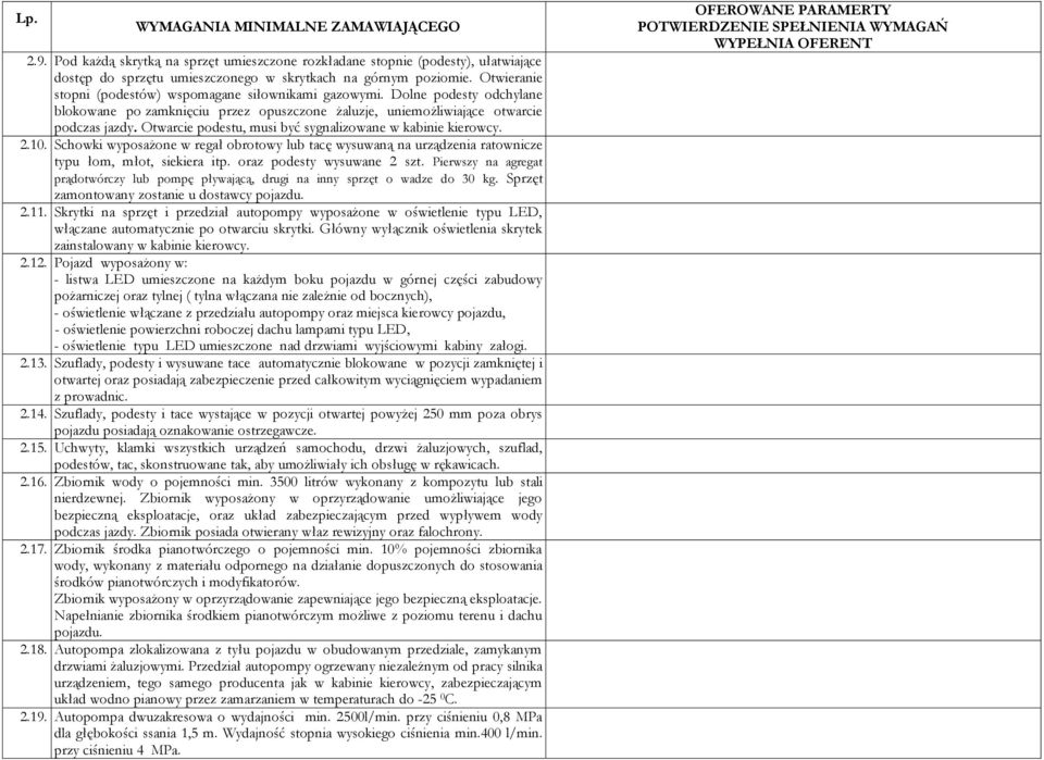 Otwarcie podestu, musi być sygnalizowane w kabinie kierowcy. 2.10. Schowki wyposażone w regał obrotowy lub tacę wysuwaną na urządzenia ratownicze typu łom, młot, siekiera itp.