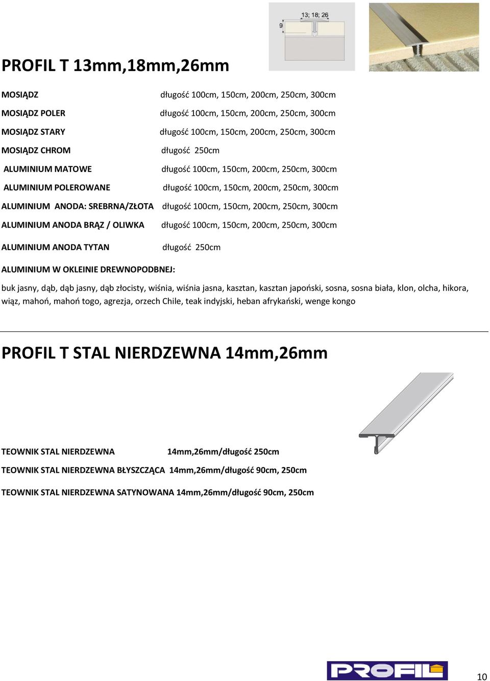 150cm, 200cm, 250cm, 300cm długośd 100cm, 150cm, 200cm, 250cm, 300cm długośd 100cm, 150cm, 200cm, 250cm, 300cm długośd 250cm ALUMINIUM W OKLEINIE DREWNOPODBNEJ: buk jasny, dąb, dąb jasny, dąb