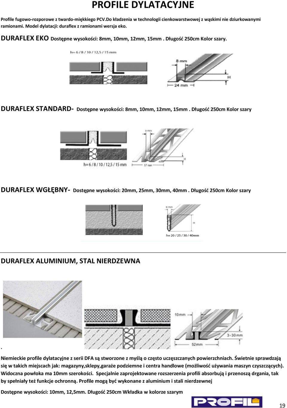 Długośd 250cm Kolor szary DURAFLEX WGŁĘBNY- Dostępne wysokości: 20mm, 25mm, 30mm, 40mm. Długośd 250cm Kolor szary DURAFLEX ALUMINIUM, STAL NIERDZEWNA.