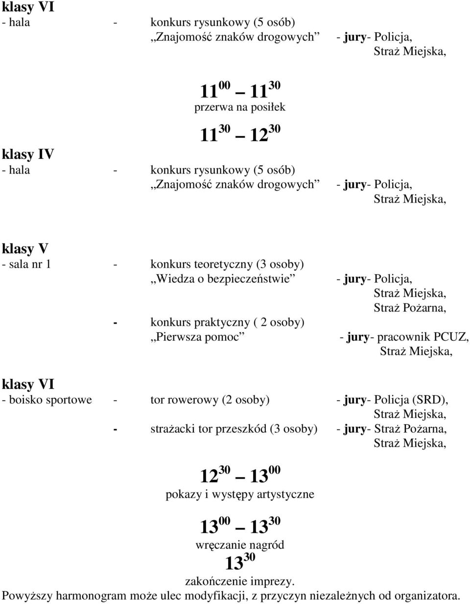 - jury- pracownik PCUZ, klasy VI - boisko sportowe - tor rowerowy (2 osoby) - jury- Policja (SRD), - strażacki tor przeszkód (3 osoby) - jury- Straż Pożarna, 12 30 13