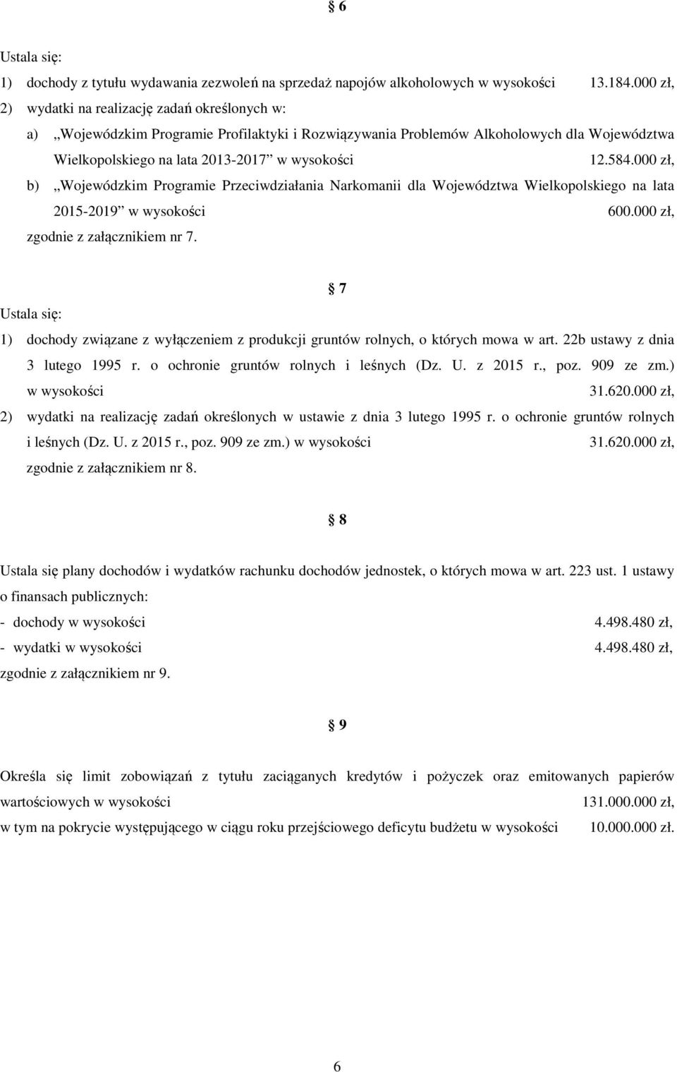 000 zł, b) Wojewódzkim Programie Przeciwdziałania Narkomanii dla Województwa Wielkopolskiego na lata 2015-2019 w wysokości 600.000 zł, zgodnie z załącznikiem nr 7.
