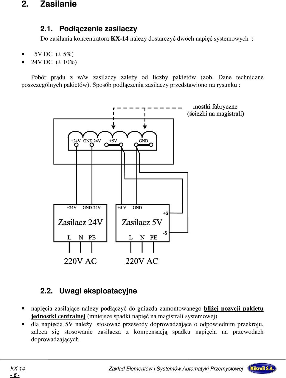 liczby pakietów (zob. Dane techniczne poszczególnych pakietów). Sposób podłączenia zasilaczy przedstawiono na rysunku : 2.