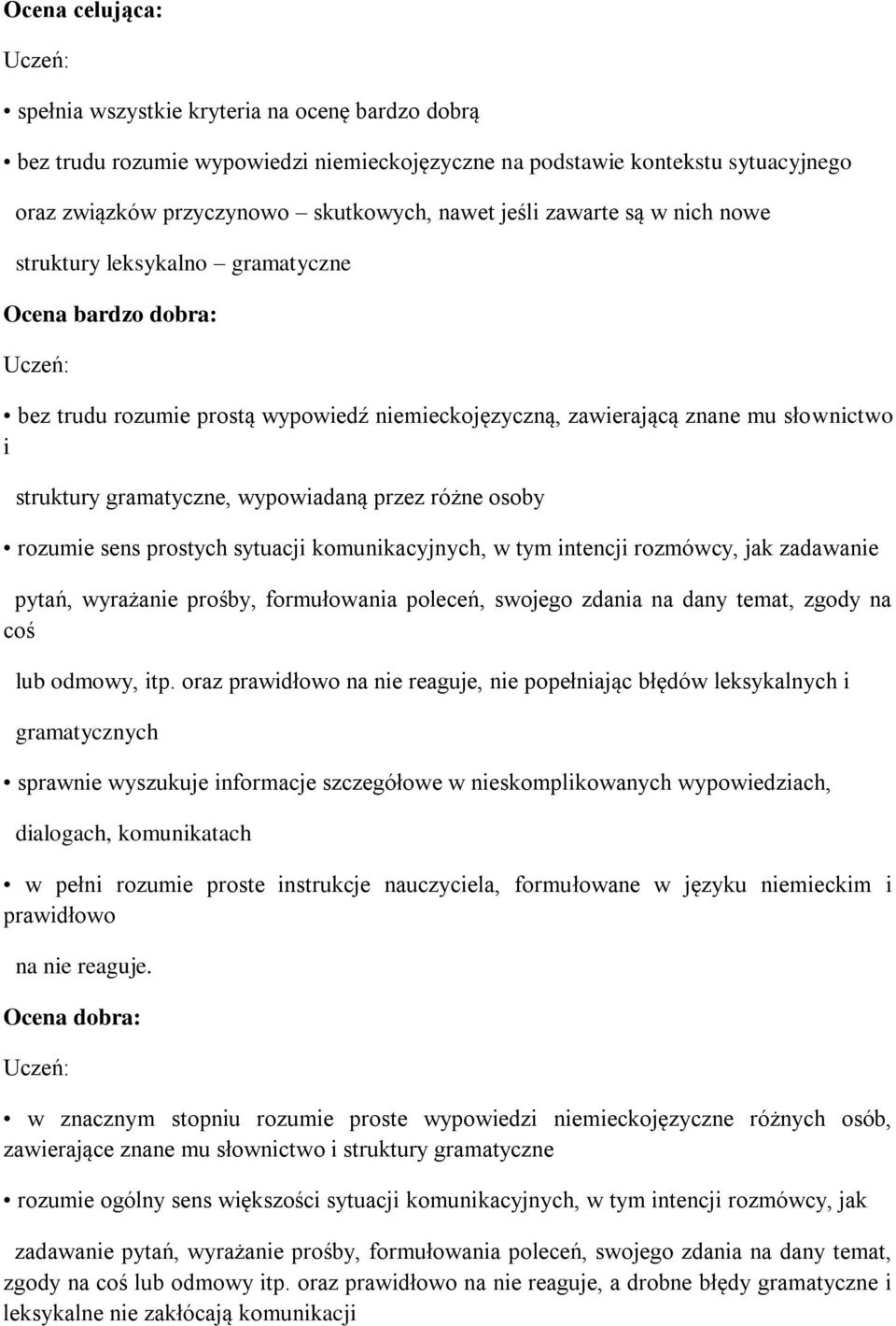 przez różne osoby rozumie sens prostych sytuacji komunikacyjnych, w tym intencji rozmówcy, jak zadawanie pytań, wyrażanie prośby, formułowania poleceń, swojego zdania na dany temat, zgody na coś lub