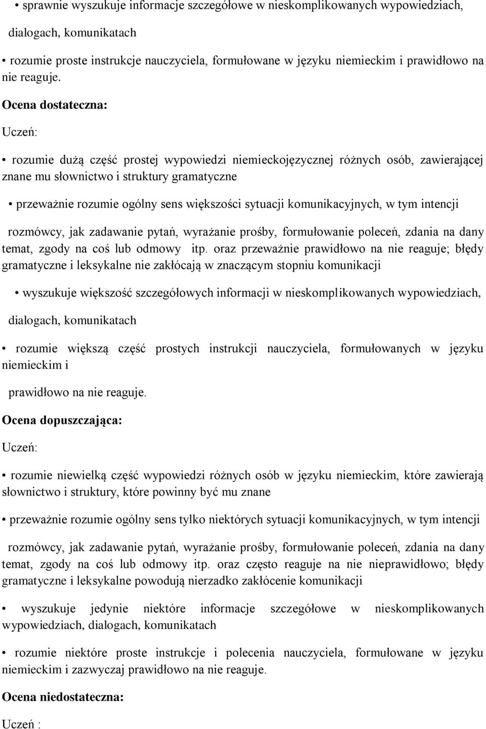 Ocena dostateczna: rozumie dużą część prostej wypowiedzi niemieckojęzycznej różnych osób, zawierającej znane mu słownictwo i struktury gramatyczne przeważnie rozumie ogólny sens większości sytuacji