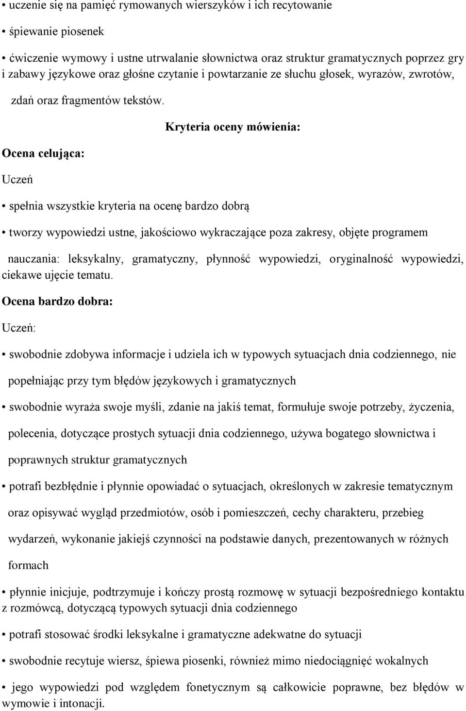 Ocena celująca: Uczeń Kryteria oceny mówienia: spełnia wszystkie kryteria na ocenę bardzo dobrą tworzy wypowiedzi ustne, jakościowo wykraczające poza zakresy, objęte programem nauczania: leksykalny,