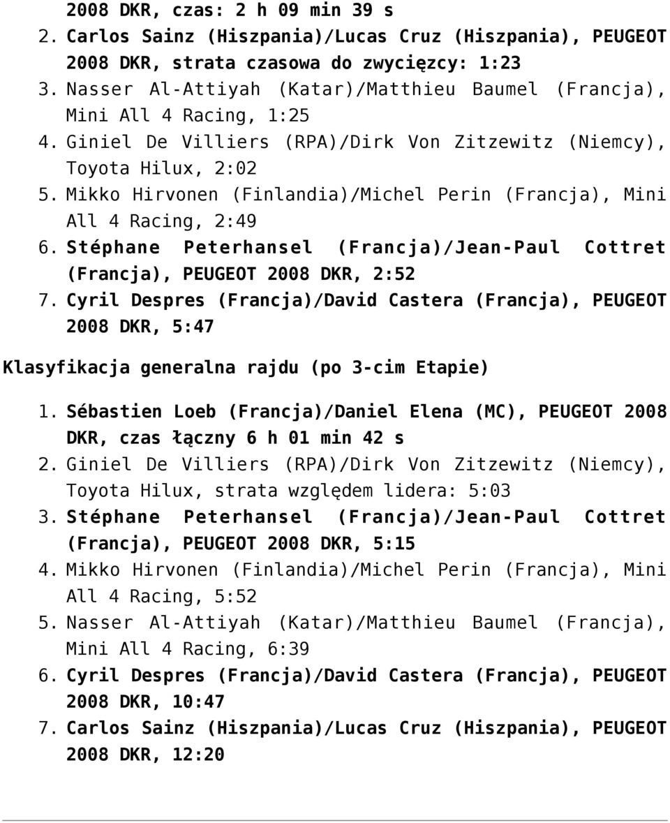 Mikko Hirvonen (Finlandia)/Michel Perin (Francja), Mini All 4 Racing, 2:49 6. Stéphane Peterhansel (Francja)/Jean-Paul Cottret (Francja), PEUGEOT 2008 DKR, 2:52 7.