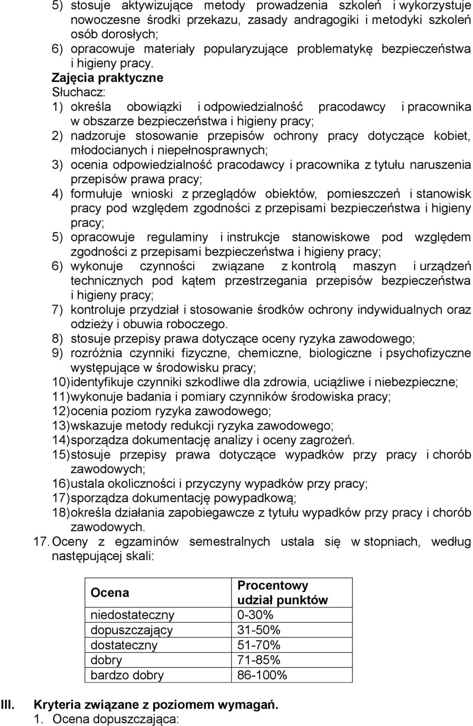 Zajęcia praktyczne 1) określa obowiązki i odpowiedzialność pracodawcy i pracownika w obszarze bezpieczeństwa i higieny pracy; 2) nadzoruje stosowanie przepisów ochrony pracy dotyczące kobiet,