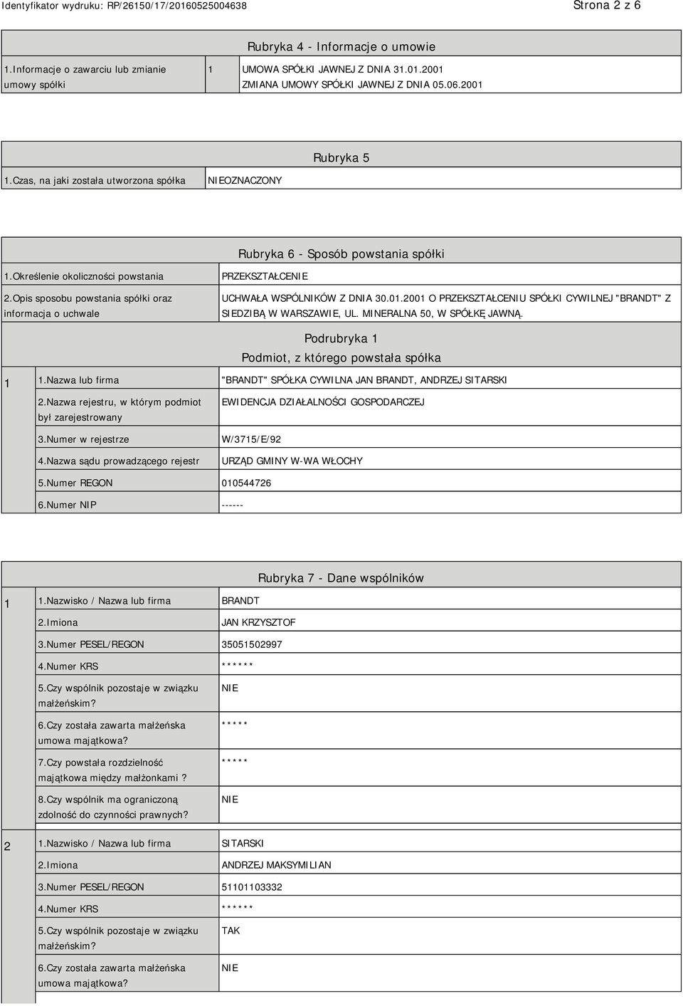 Opis sposobu powstania spółki oraz informacja o uchwale PRZEKSZTAŁCE UCHWAŁA WSPÓLNIKÓW Z DNIA 30.01.2001 O PRZEKSZTAŁCENIU SPÓŁKI CYWILNEJ "BRANDT" Z SIEDZIBĄ W WARSZAWIE, UL.