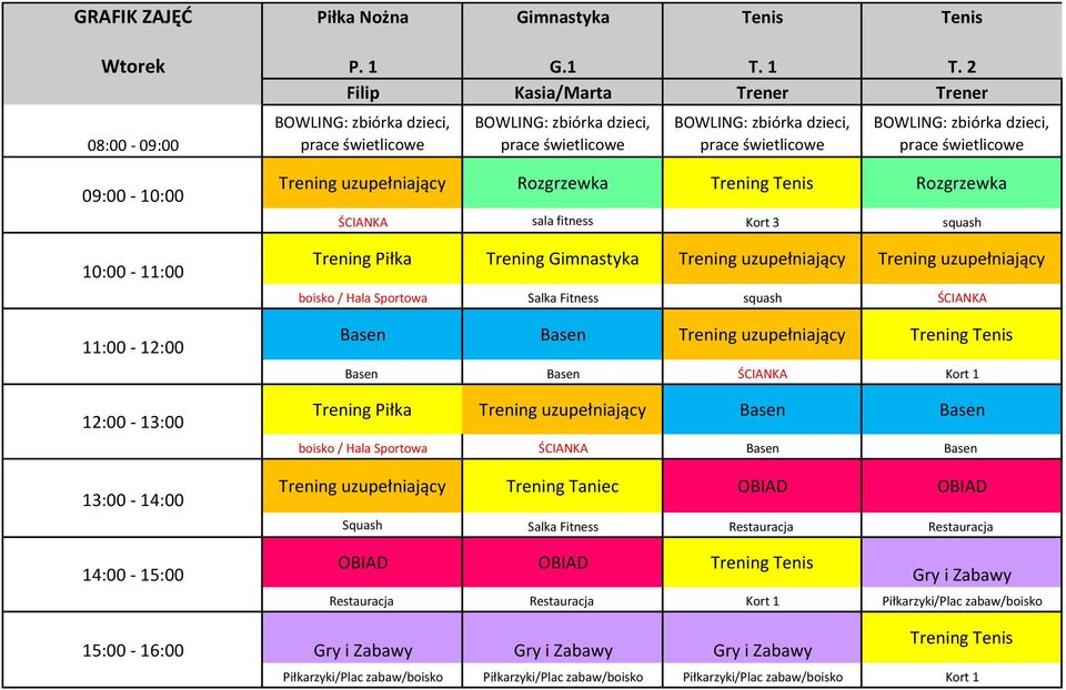 boisko / Hala Sportowa Salka Fitness squash ŚCIANKA Trening uzupełniający ŚCIANKA Kort 1 Trening Piłka Trening uzupełniający boisko / Hala