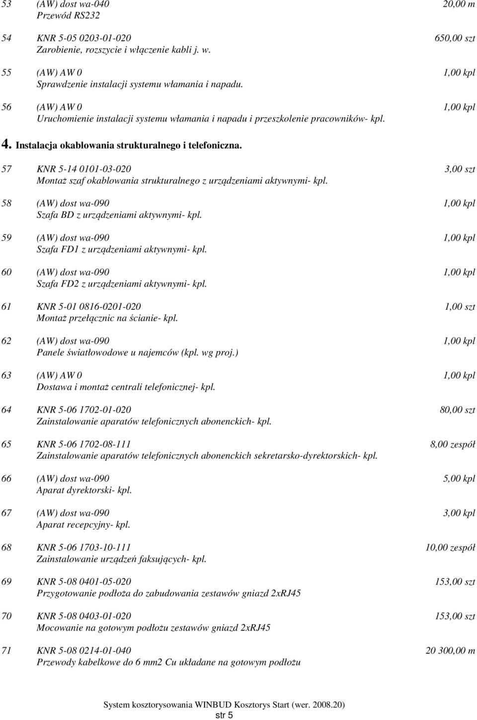 57 KNR 5-14 0101-03-020 Montaż szaf okablowania strukturalnego z urządzeniami aktywnymi- kpl. 58 (AW) dost wa-090 Szafa BD z urządzeniami aktywnymi- kpl.