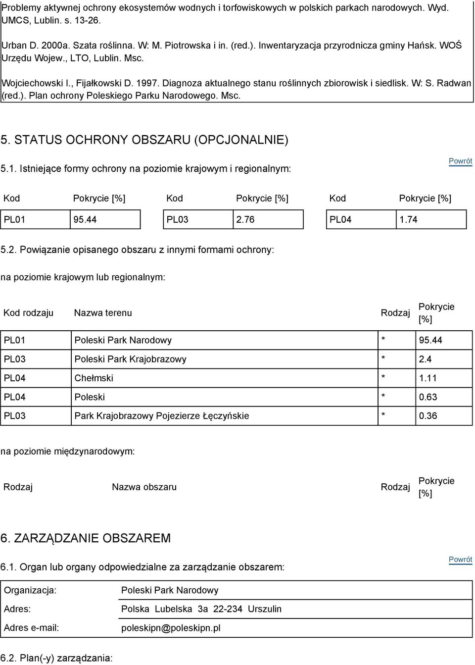 Plan ochrony Poleskiego Parku Narodowego. Msc. 5. STATUS OCHRONY OSZARU (OPCJONALNIE) 5.1.