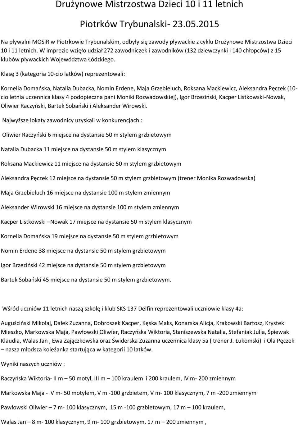 W imprezie wzięło udział 272 zawodniczek i zawodników (132 dziewczynki i 140 chłopców) z 15 klubów pływackich Województwa Łódzkiego.