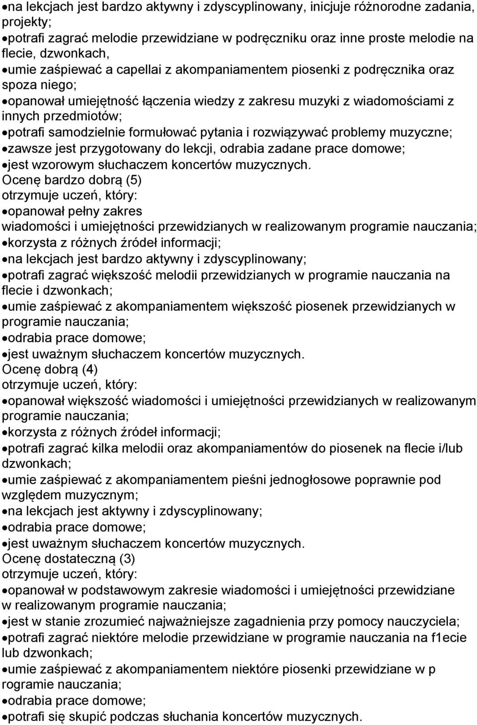 formułować pytania i rozwiązywać problemy muzyczne; zawsze jest przygotowany do lekcji, odrabia zadane prace domowe; jest wzorowym słuchaczem koncertów muzycznych.