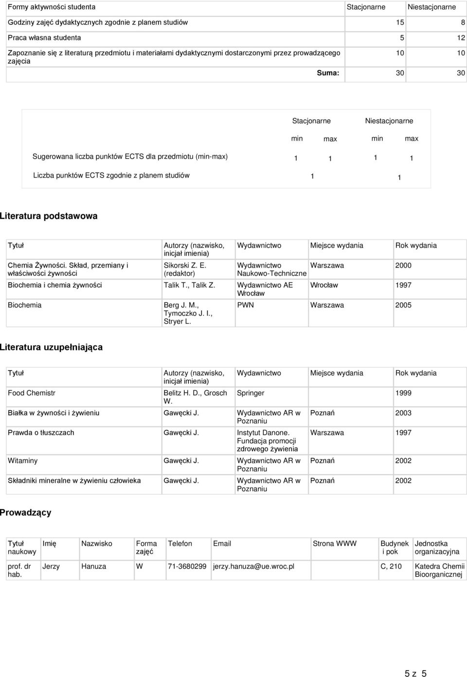 zgodnie z planem studiów 1 1 Literatura podstawowa Chemia Żywności. Skład, przemiany i właściwości żywności Autorzy (nazwisko, inicjał imienia) Sikorski Z. E.