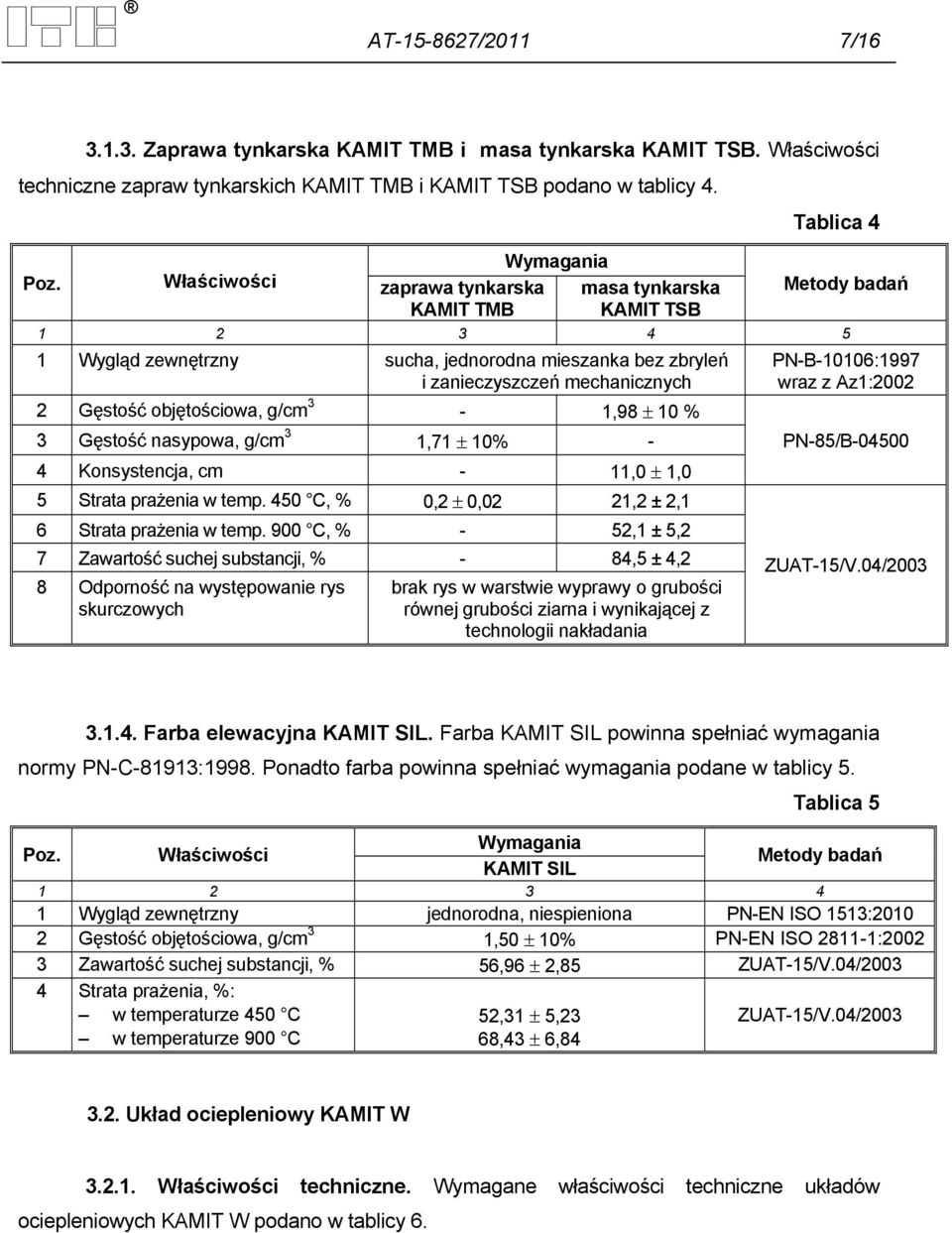 objętościowa, g/cm 3-1,98 10 % 3 Gęstość nasypowa, g/cm 3 1,71 10% - 4 Konsystencja, cm - 11,0 1,0 5 Strata prażenia w temp. 450 C, % 0,2 0,02 21,2 ± 2,1 6 Strata prażenia w temp.