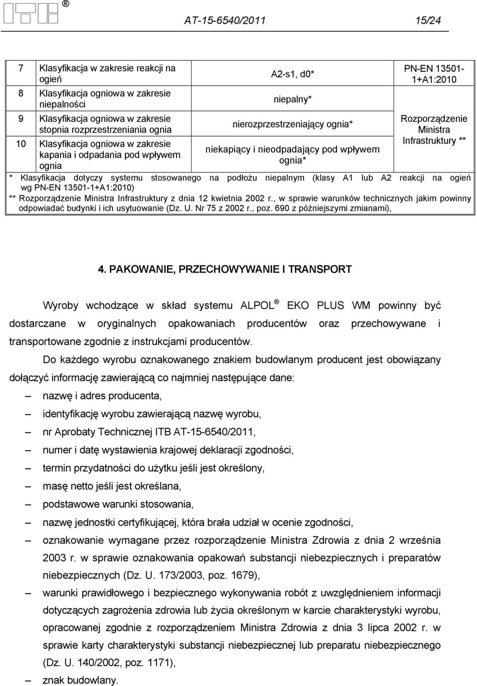 Infrastruktury ** * Klasyfikacja dotyczy systemu stosowanego na podłożu niepalnym (klasy A1 lub A2 reakcji na ogień wg PN-EN 13501-1+A1:2010) ** Rozporządzenie Ministra Infrastruktury z dnia 12