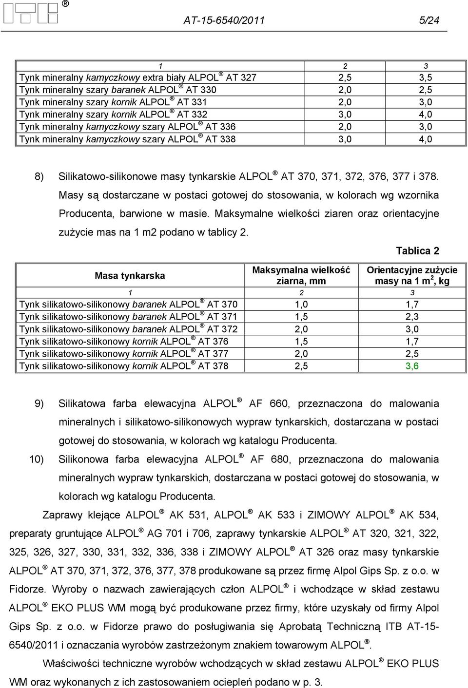 372, 376, 377 i 378. Masy są dostarczane w postaci gotowej do stosowania, w kolorach wg wzornika Producenta, barwione w masie.