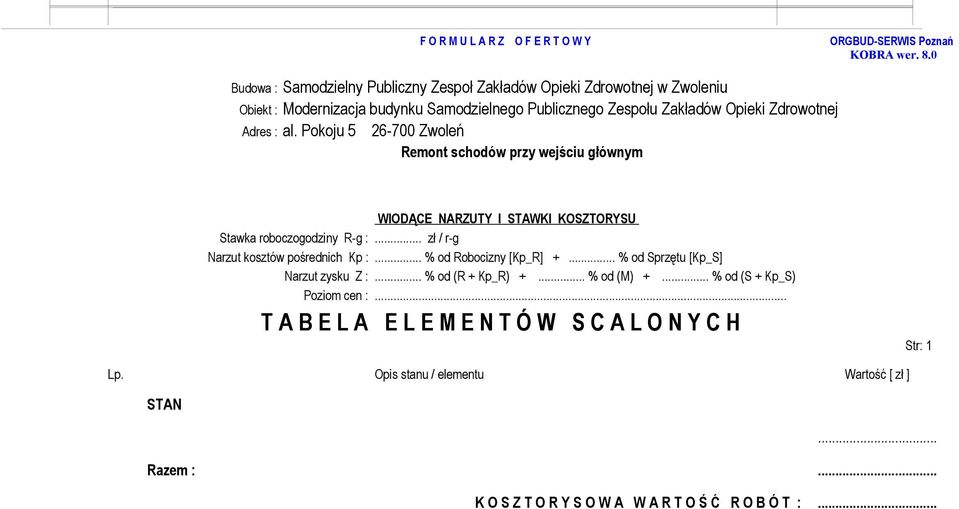 .. % od Sprzętu [Kp_S] Narzut zysku Z :... % od (R + Kp_R) +... % od (M) +.