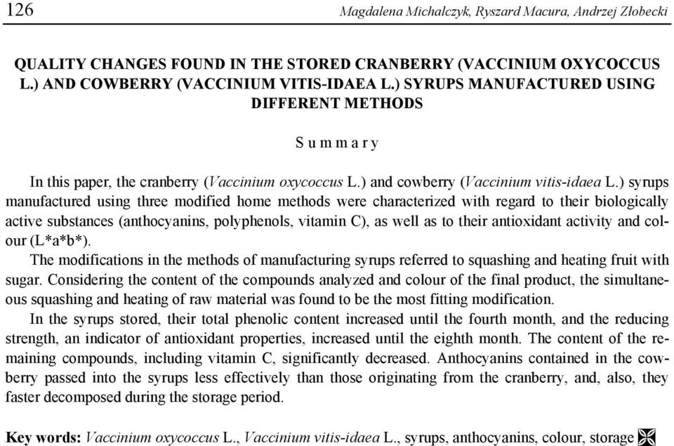 ) syrups manufactured using three modified home methods were characterized with regard to their biologically active substances (anthocyanins, polyphenols, vitamin C), as well as to their antioxidant