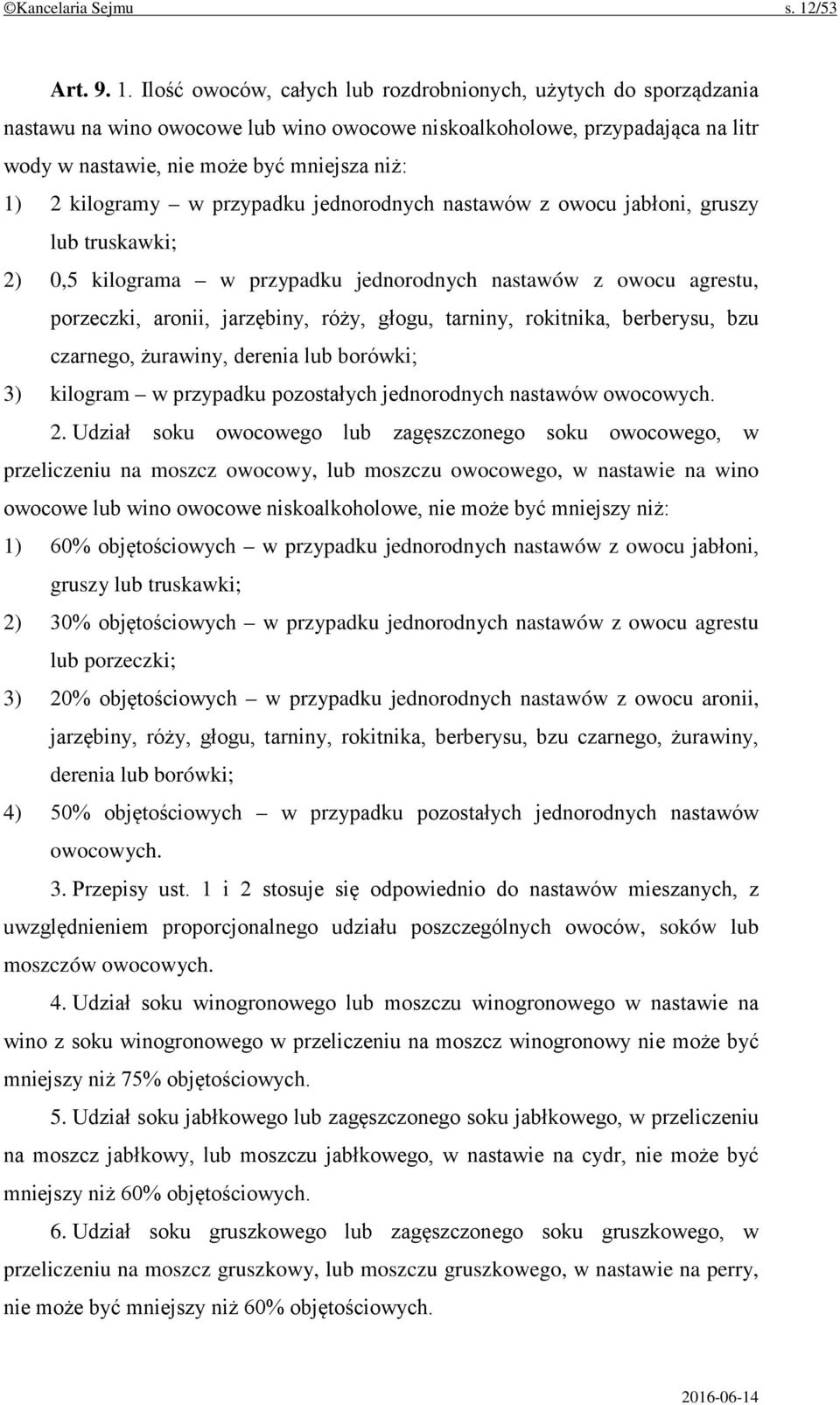 Ilość owoców, całych lub rozdrobnionych, użytych do sporządzania nastawu na wino owocowe lub wino owocowe niskoalkoholowe, przypadająca na litr wody w nastawie, nie może być mniejsza niż: 1) 2