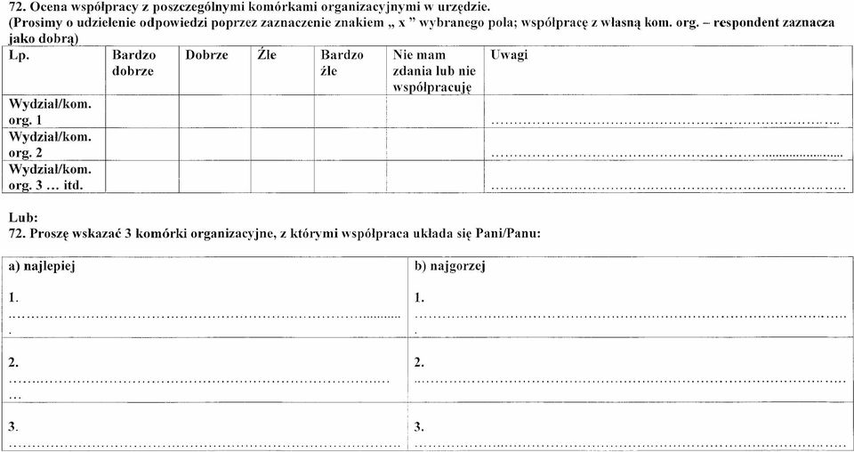 - respondent zaznacza jako dobrą) Lp. Wydział/kom. org. 1 Wydział/kom. org.2 Wydział/kom. org.3... itd.