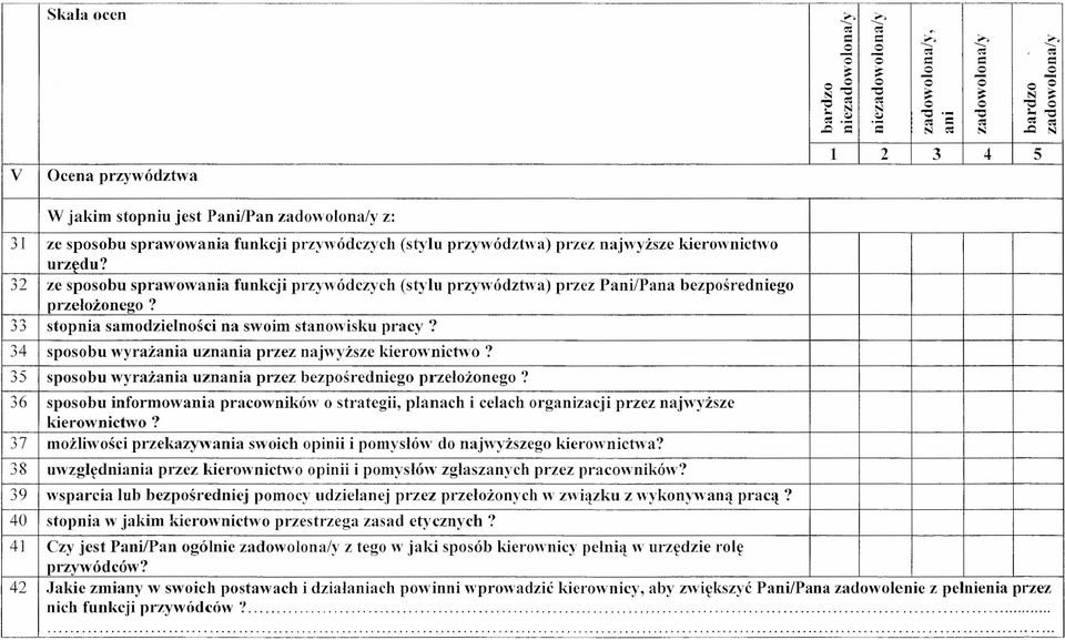 32 ze sposobu sprawowania funkcji przywódczych (stylu przywództwa) przez Pani/Pana bezpośredniego przełożonego? 33 stopnia samodzielności na swoim stanowisku pracy?