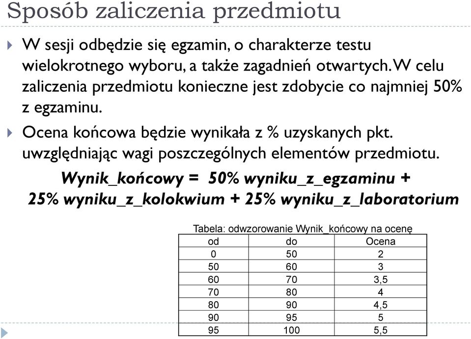 uwzględniając wagi poszczególnych elementów przedmiotu.