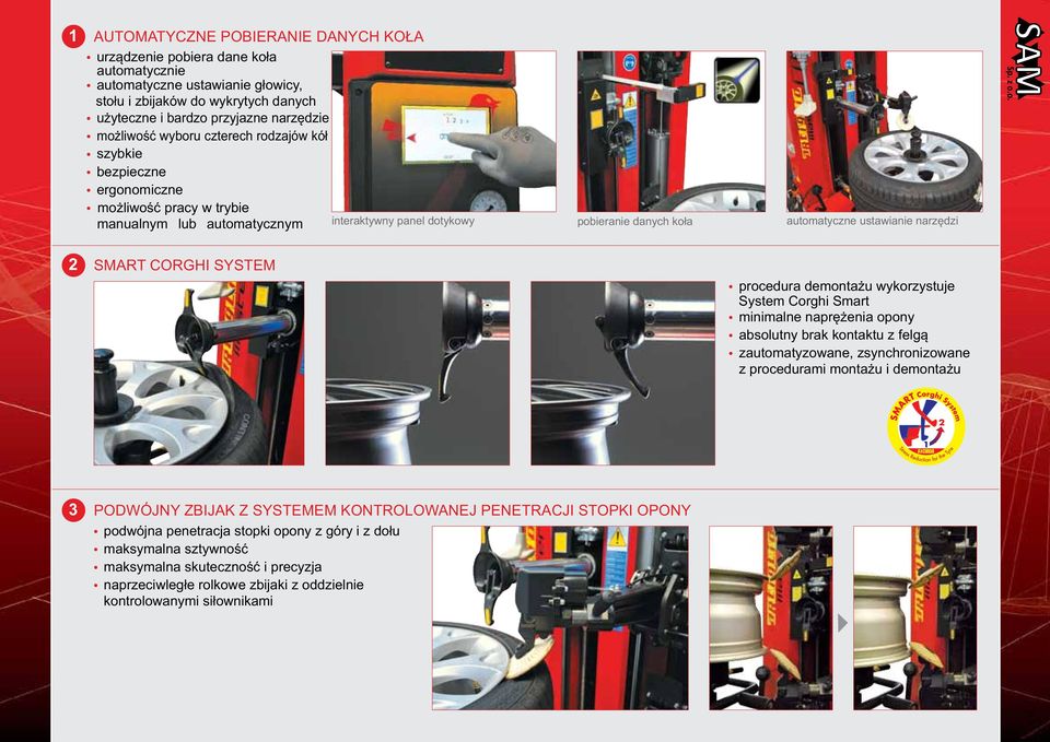 SMART CORGHI SYSTEM procedura demontażu wykorzystuje System Corghi Smart minimalne naprężenia opony absolutny brak kontaktu z felgą zautomatyzowane, zsynchronizowane z procedurami montażu i demontażu