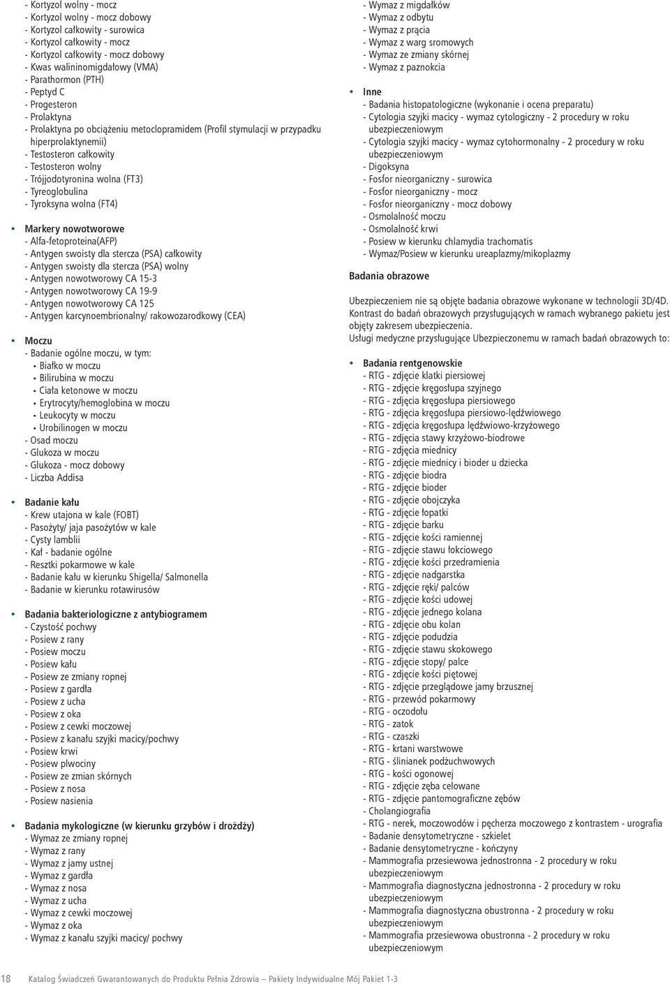 Trójjodotyronina wolna (FT3) - Tyreoglobulina - Tyroksyna wolna (FT4) Markery nowotworowe - Alfa-fetoproteina(AFP) - Antygen swoisty dla stercza (PSA) całkowity - Antygen swoisty dla stercza (PSA)