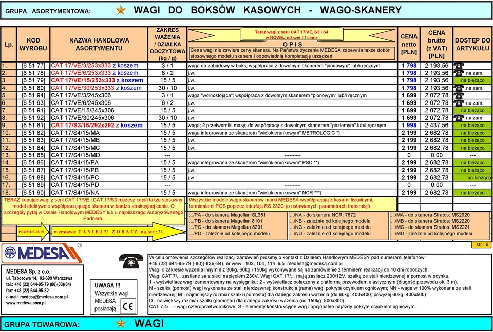 3. [6 51 79] CAT 17/VE/15/253x333 z koszem 15 / 5 j.w. 1 798 2 193,56 na bieżąco 4. [6 51 80] CAT 17/VE/30/253x333 z koszem 30 / 10 j.w. 1 798 2 193,56 na zam. 5. [6 51 94] CAT 17/VE/3/245x306 3 / 1 waga "wolnostojąca"; współpraca z dowolnym skanerem "pionowym" lub/i ręcznym 1 699 2 072,78 6.