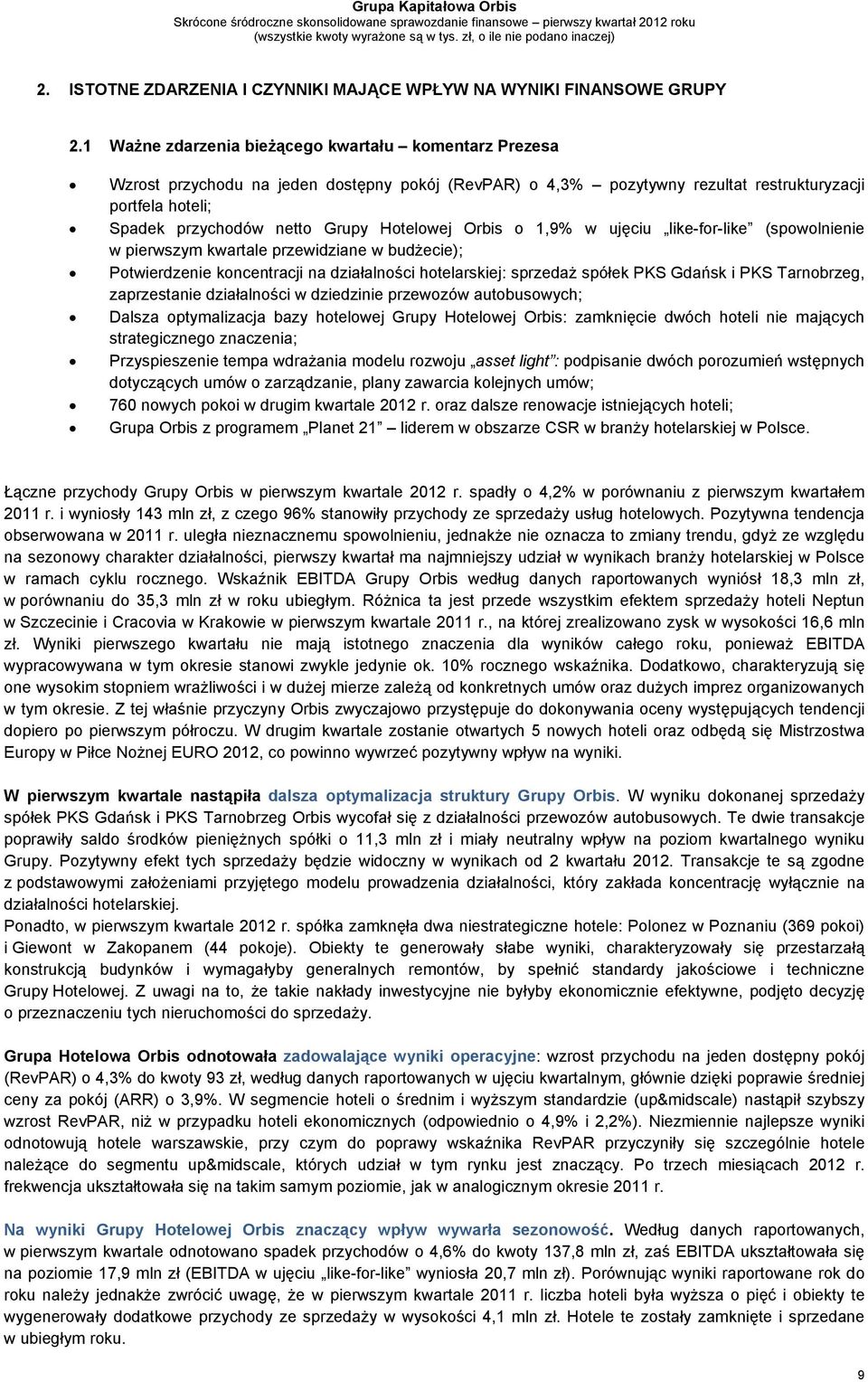 Hotelowej Orbis o 1,9% w ujęciu like-for-like (spowolnienie w pierwszym kwartale przewidziane w budżecie); Potwierdzenie koncentracji na działalności hotelarskiej: sprzedaż spółek PKS Gdańsk i PKS