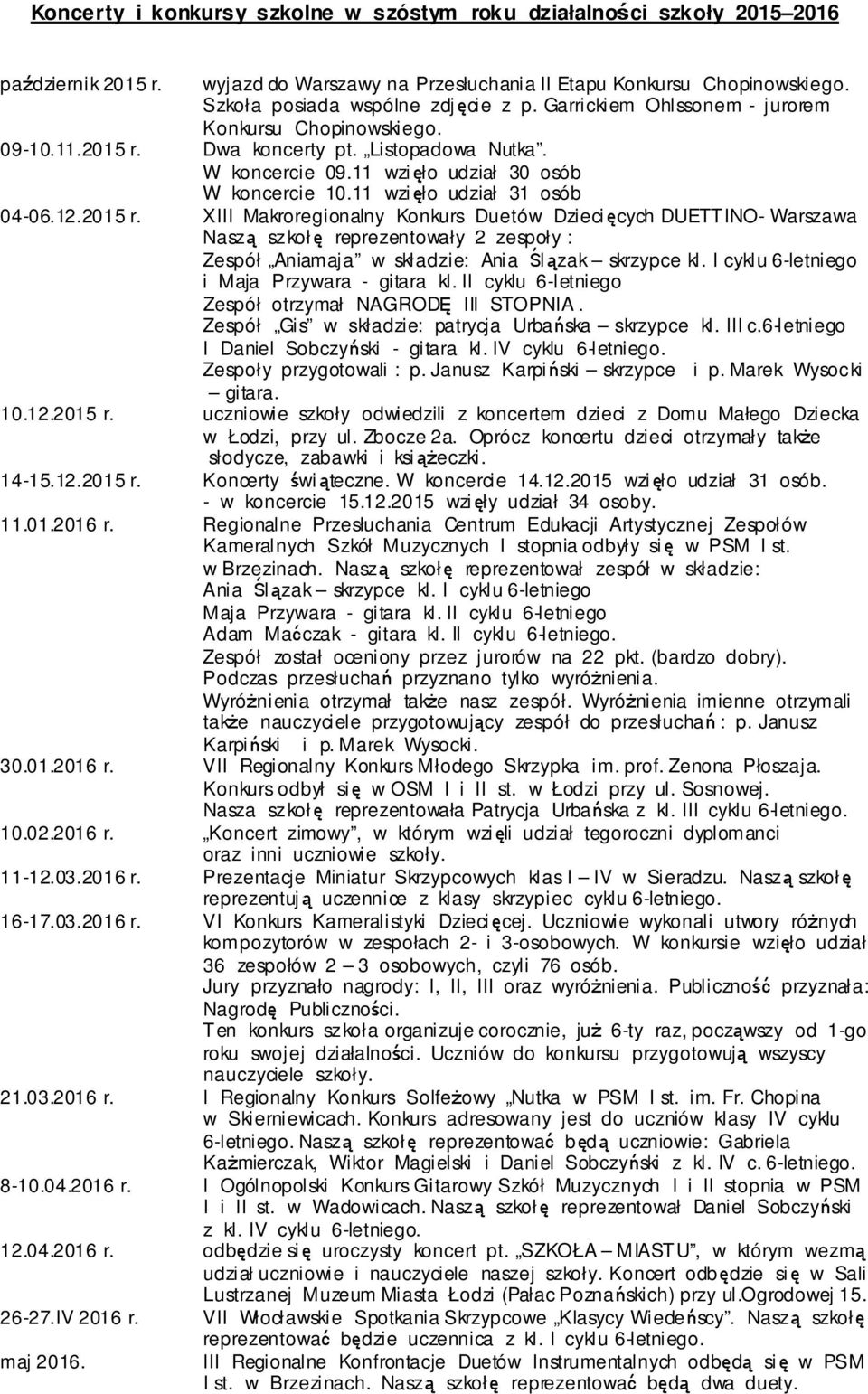 2015 r. XIII Makroregionalny Konkurs Duetów Dziecięcych DUETTINO- Warszawa Naszą szkołę reprezentowały 2 zespoły : Zespół Aniamaja w składzie: Ania Ślązak skrzypce kl.