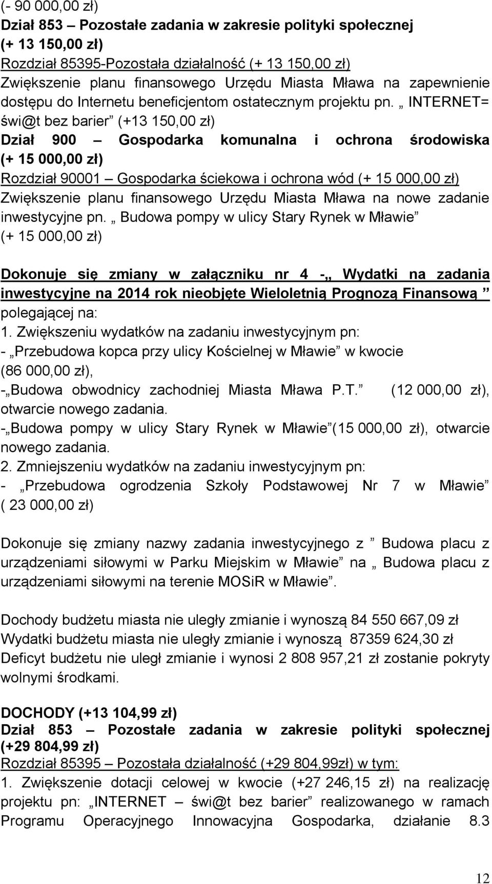 INTERNET= świ@t bez barier (+13 150,00 zł) Dział 900 Gospodarka komunalna i ochrona środowiska (+ 15 000,00 zł) Rozdział 90001 Gospodarka ściekowa i ochrona wód (+ 15 000,00 zł) Zwiększenie planu