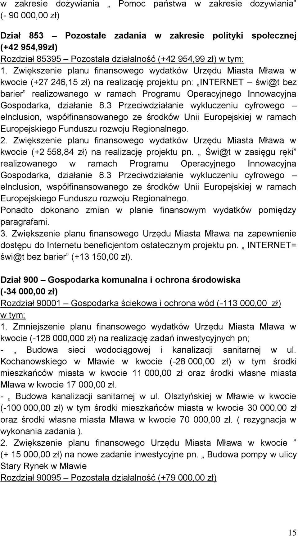 Zwiększenie planu finansowego wydatków Urzędu Miasta Mława w kwocie (+27 246,15 zł) na realizację projektu pn: INTERNET świ@t bez barier realizowanego w ramach Programu Operacyjnego Innowacyjna