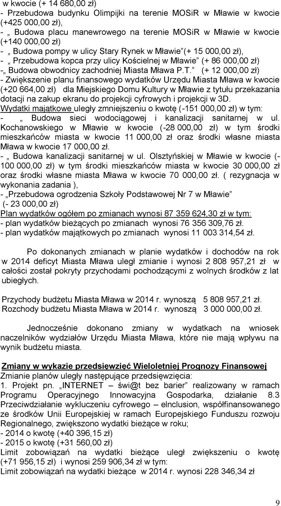 (+ 12 000,00 zł) - Zwiększenie planu finansowego wydatków Urzędu Miasta Mława w kwocie (+20 664,00 zł) dla Miejskiego Domu Kultury w Mławie z tytułu przekazania dotacji na zakup ekranu do projekcji