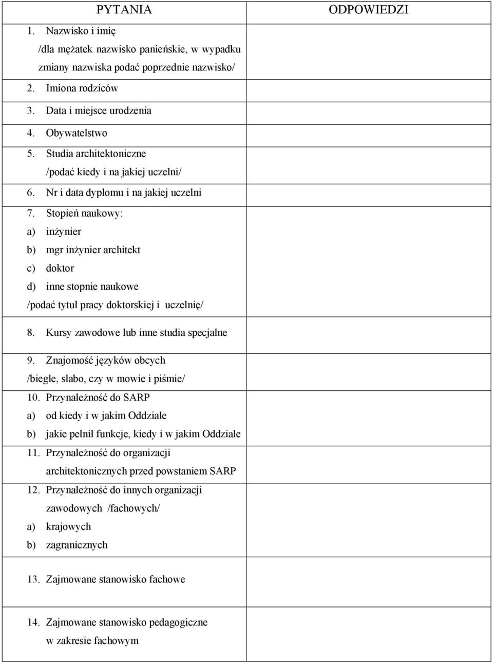 Stopień naukowy: a) inżynier b) mgr inżynier architekt c) doktor d) inne stopnie naukowe /podać tytuł pracy doktorskiej i uczelnię/ 8. Kursy zawodowe lub inne studia specjalne 9.