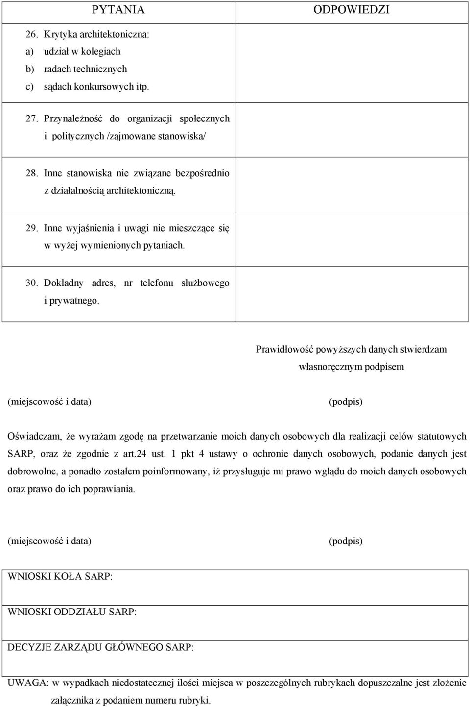 Inne wyjaśnienia i uwagi nie mieszczące się w wyżej wymienionych pytaniach. 30. Dokładny adres, nr telefonu służbowego i prywatnego.