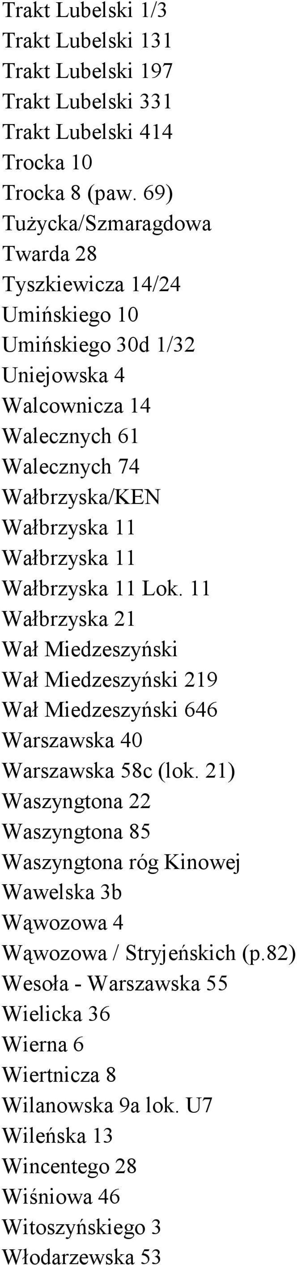 Wałbrzyska 11 Wałbrzyska 11 Lok. 11 Wałbrzyska 21 Wał Miedzeszyński Wał Miedzeszyński 219 Wał Miedzeszyński 646 Warszawska 40 Warszawska 58c (lok.