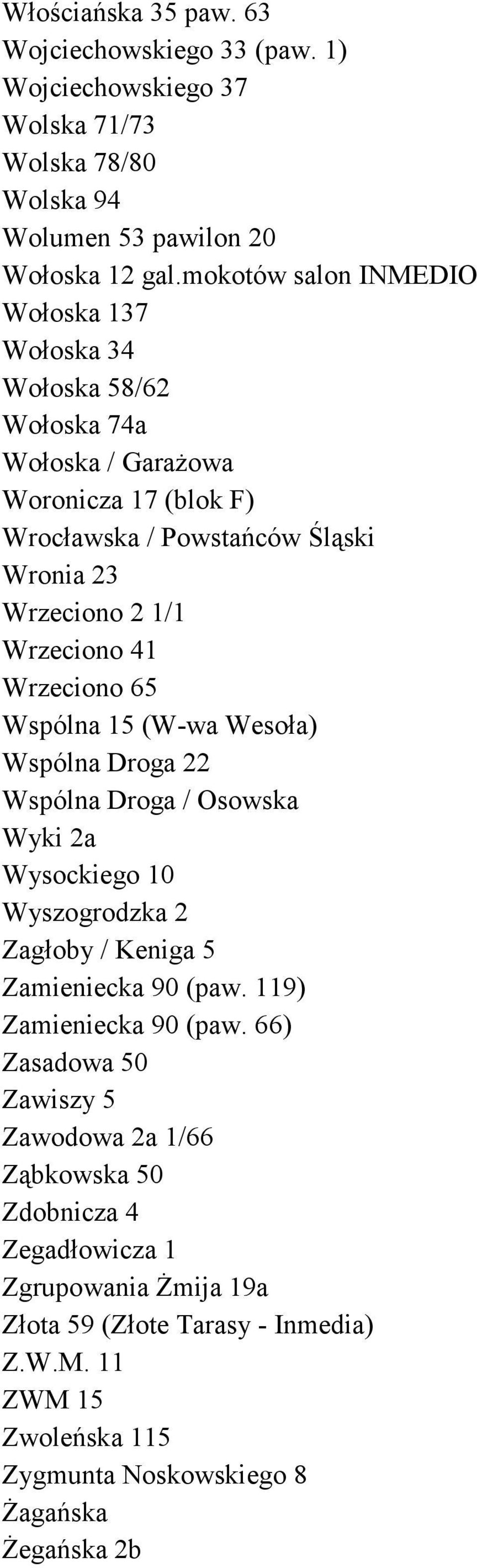 41 Wrzeciono 65 Wspólna 15 (W-wa Wesoła) Wspólna Droga 22 Wspólna Droga / Osowska Wyki 2a Wysockiego 10 Wyszogrodzka 2 Zagłoby / Keniga 5 Zamieniecka 90 (paw.