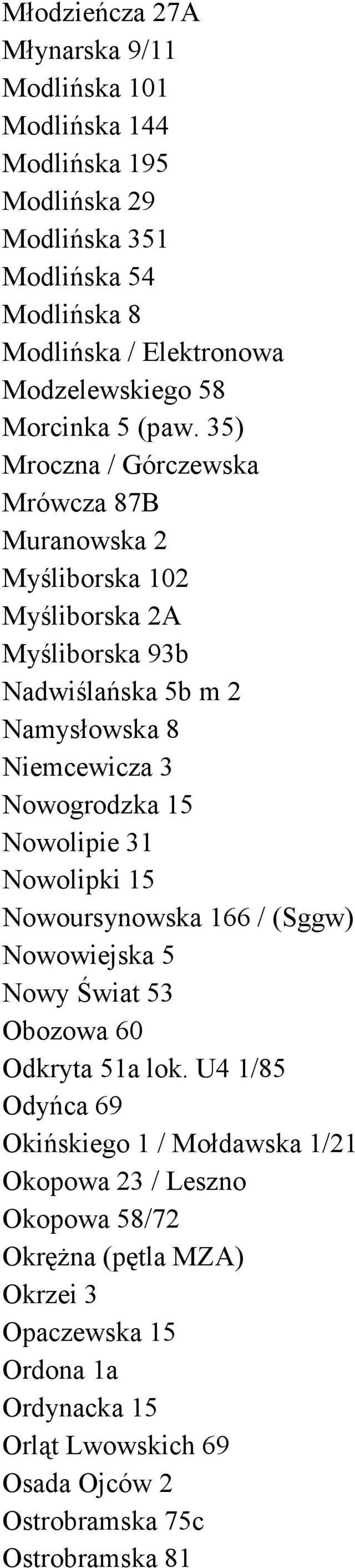 35) Mroczna / Górczewska Mrówcza 87B Muranowska 2 Myśliborska 102 Myśliborska 2A Myśliborska 93b Nadwiślańska 5b m 2 Namysłowska 8 Niemcewicza 3 Nowogrodzka 15