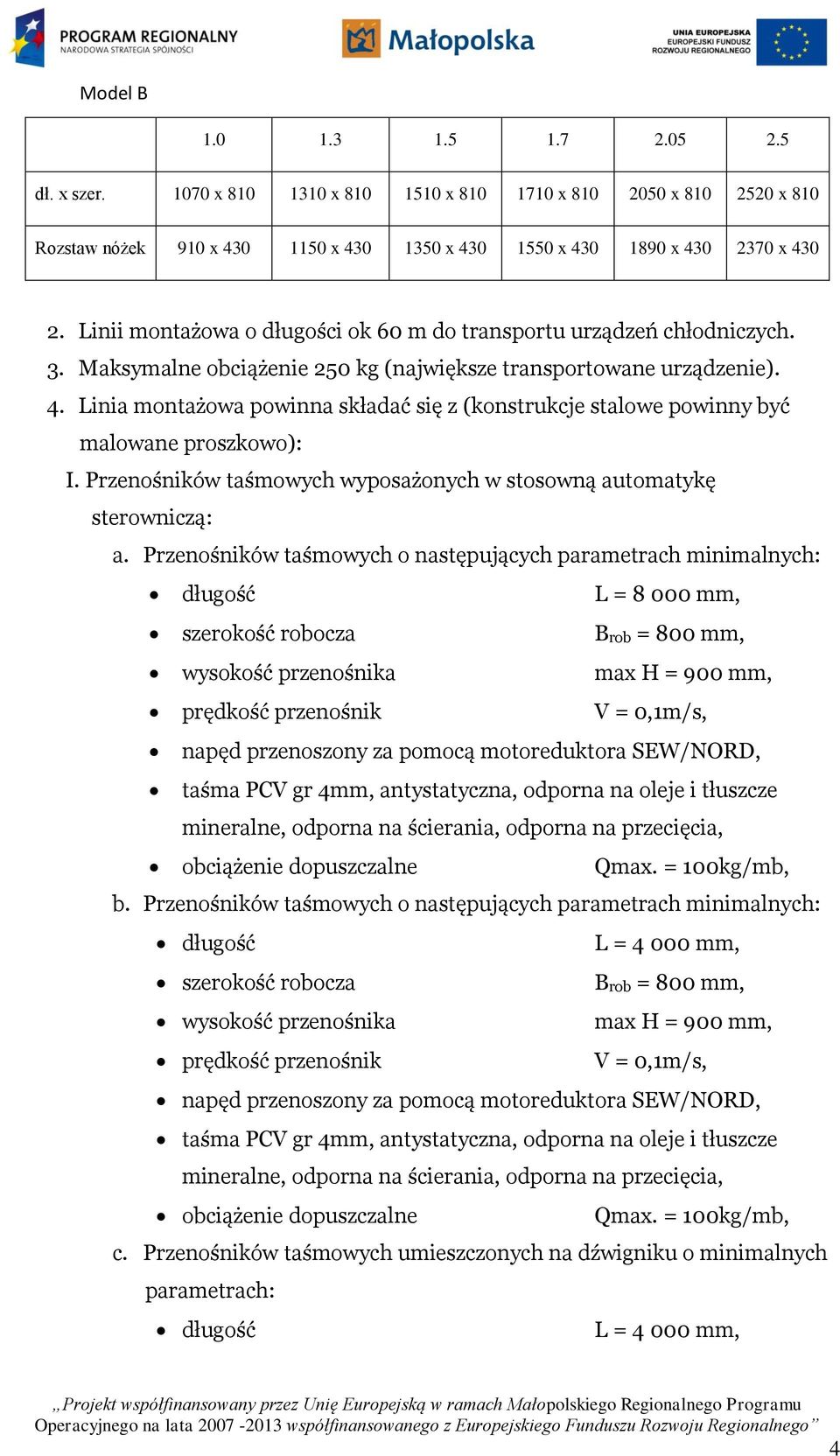 Linia montażowa powinna składać się z (konstrukcje stalowe powinny być malowane proszkowo): I. Przenośników taśmowych wyposażonych w stosowną automatykę sterowniczą: a.