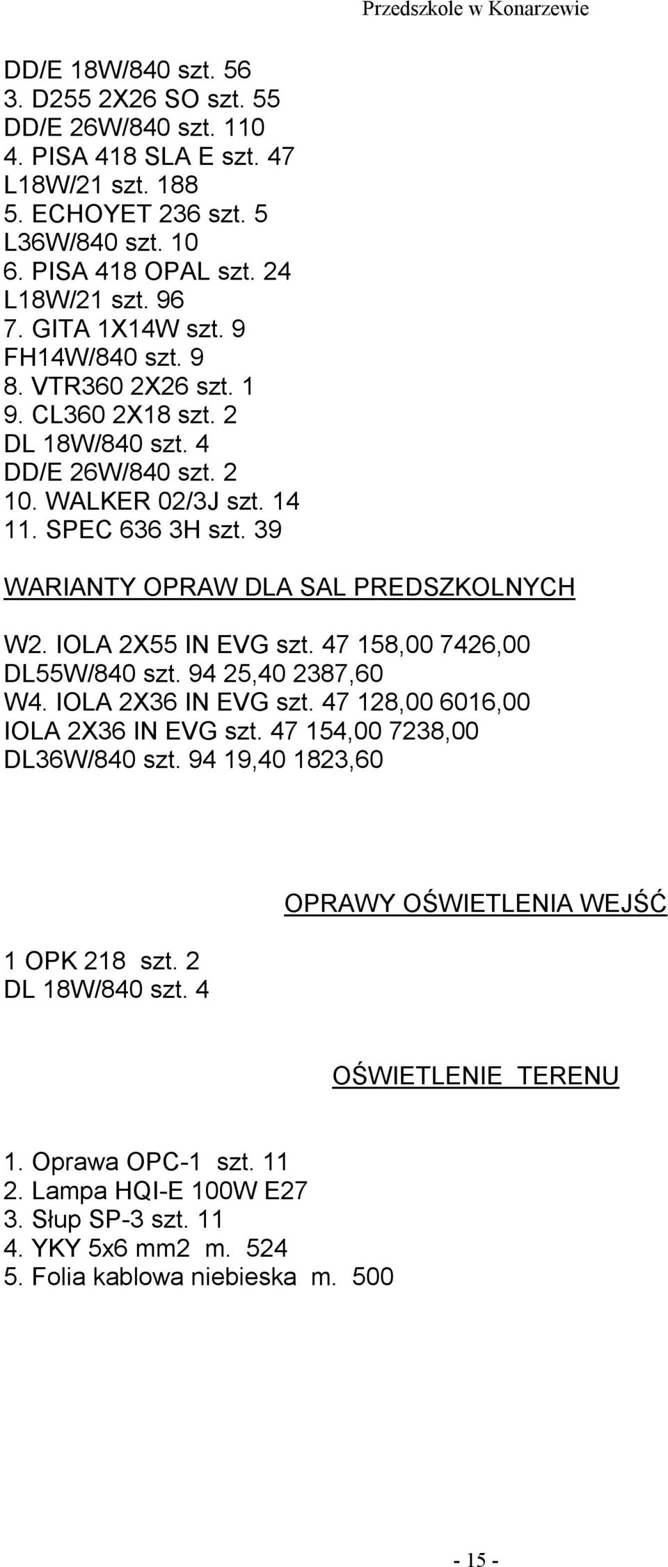 39 WARIANTY OPRAW DLA SAL PREDSZKOLNYCH W2. IOLA 2X55 IN EVG szt. 47 158,00 7426,00 DL55W/840 szt. 94 25,40 2387,60 W4. IOLA 2X36 IN EVG szt. 47 128,00 6016,00 IOLA 2X36 IN EVG szt.