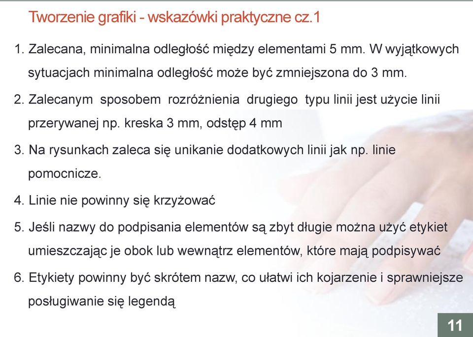 kreska 3 mm, odstęp 4 mm 3. Na rysunkach zaleca się unikanie dodatkowych linii jak np. linie pomocnicze. 4. Linie nie powinny się krzyżować 5.