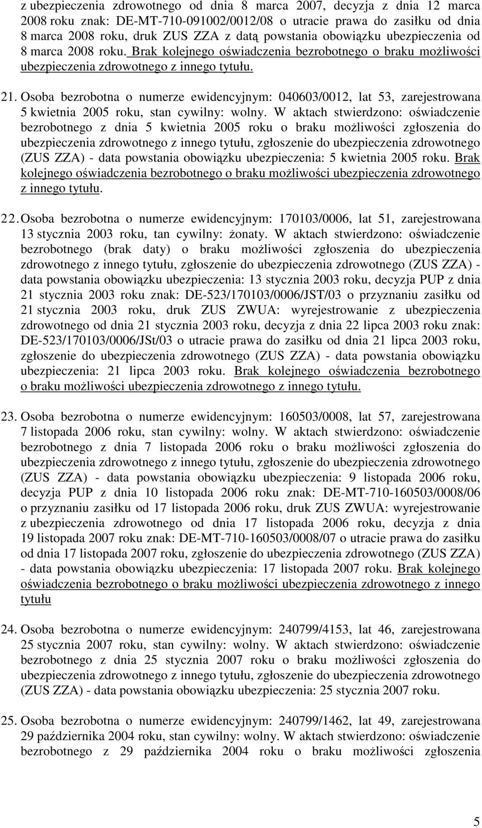 Osoba bezrobotna o numerze ewidencyjnym: 040603/0012, lat 53, zarejestrowana 5 kwietnia 2005 roku, stan cywilny: wolny.