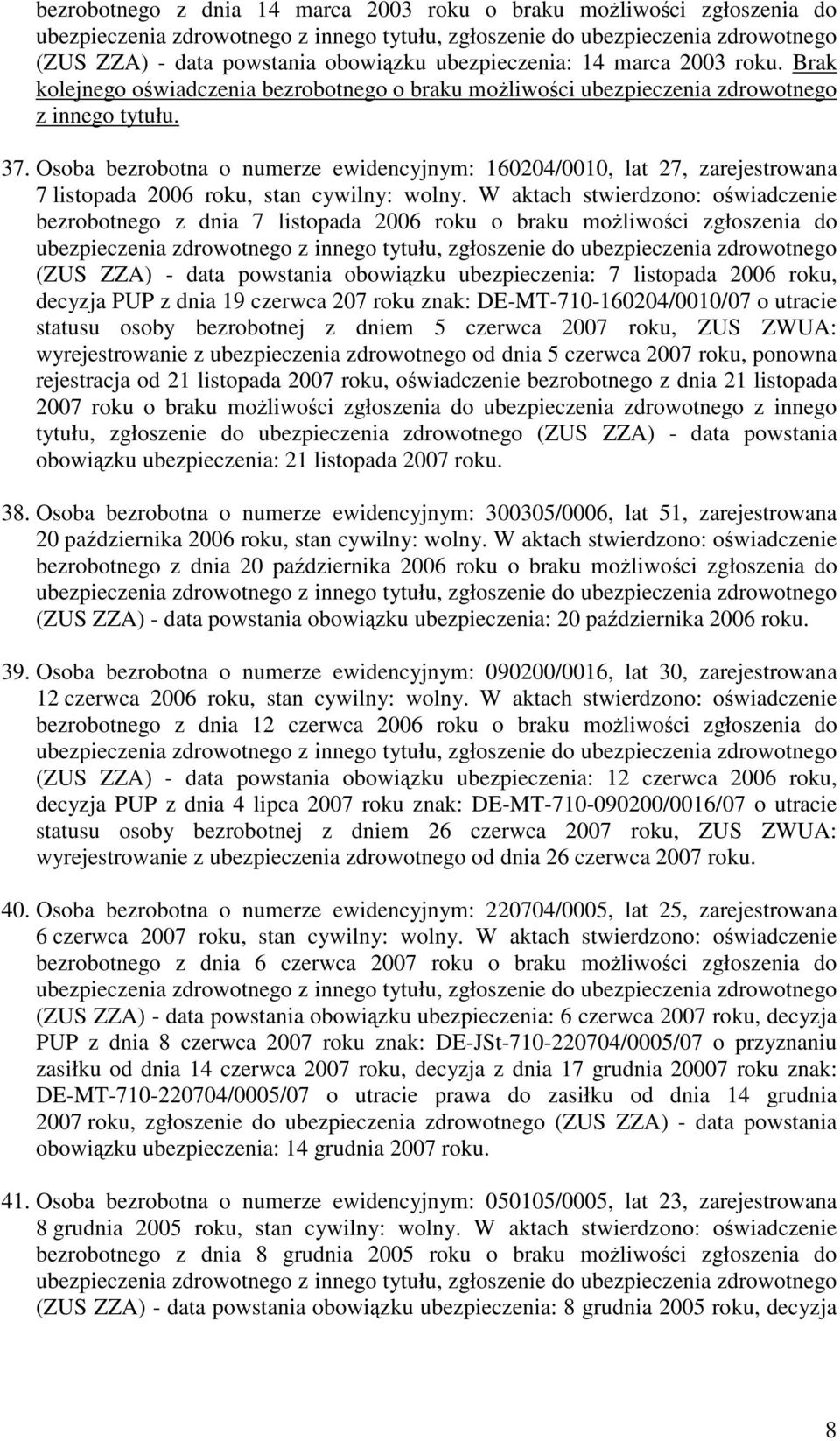 Osoba bezrobotna o numerze ewidencyjnym: 160204/0010, lat 27, zarejestrowana 7 listopada 2006 roku, stan cywilny: wolny.