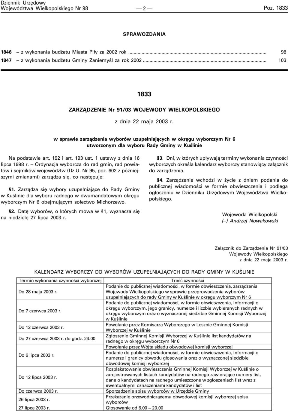 w sprawie zarz¹dzenia wyborów uzupe³niaj¹cych w okrêgu wyborczym Nr 6 utworzonym dla wyboru Rady Gminy w Kuœlinie Na podstawie art. 192 i art. 193 ust. 1 ustawy z dnia 16 lipca 1998 r.