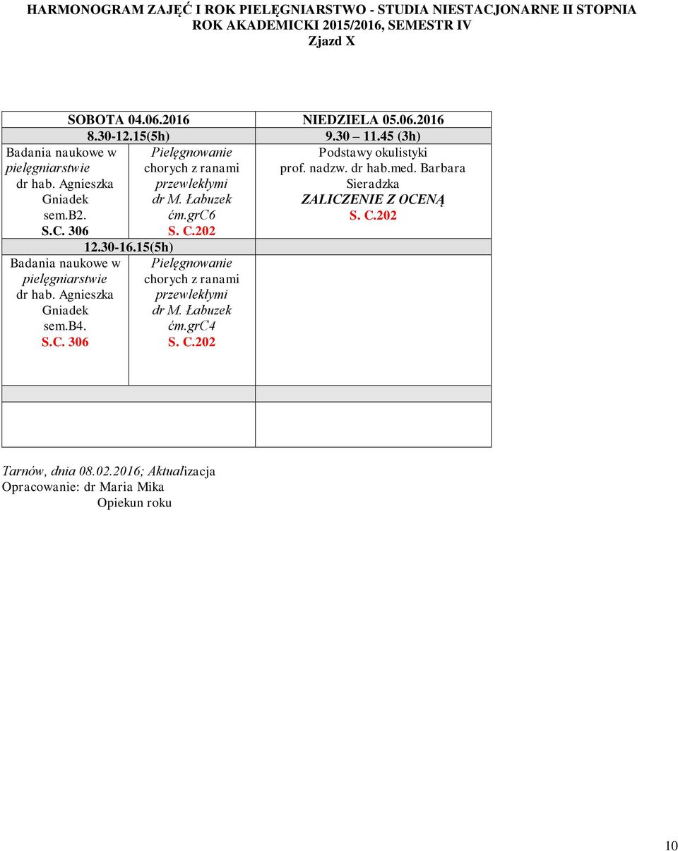 15(5h) w sem.b2. ćm.grc6 ZALICZENIE Z OCENĄ w sem.b4. 12.30-16.