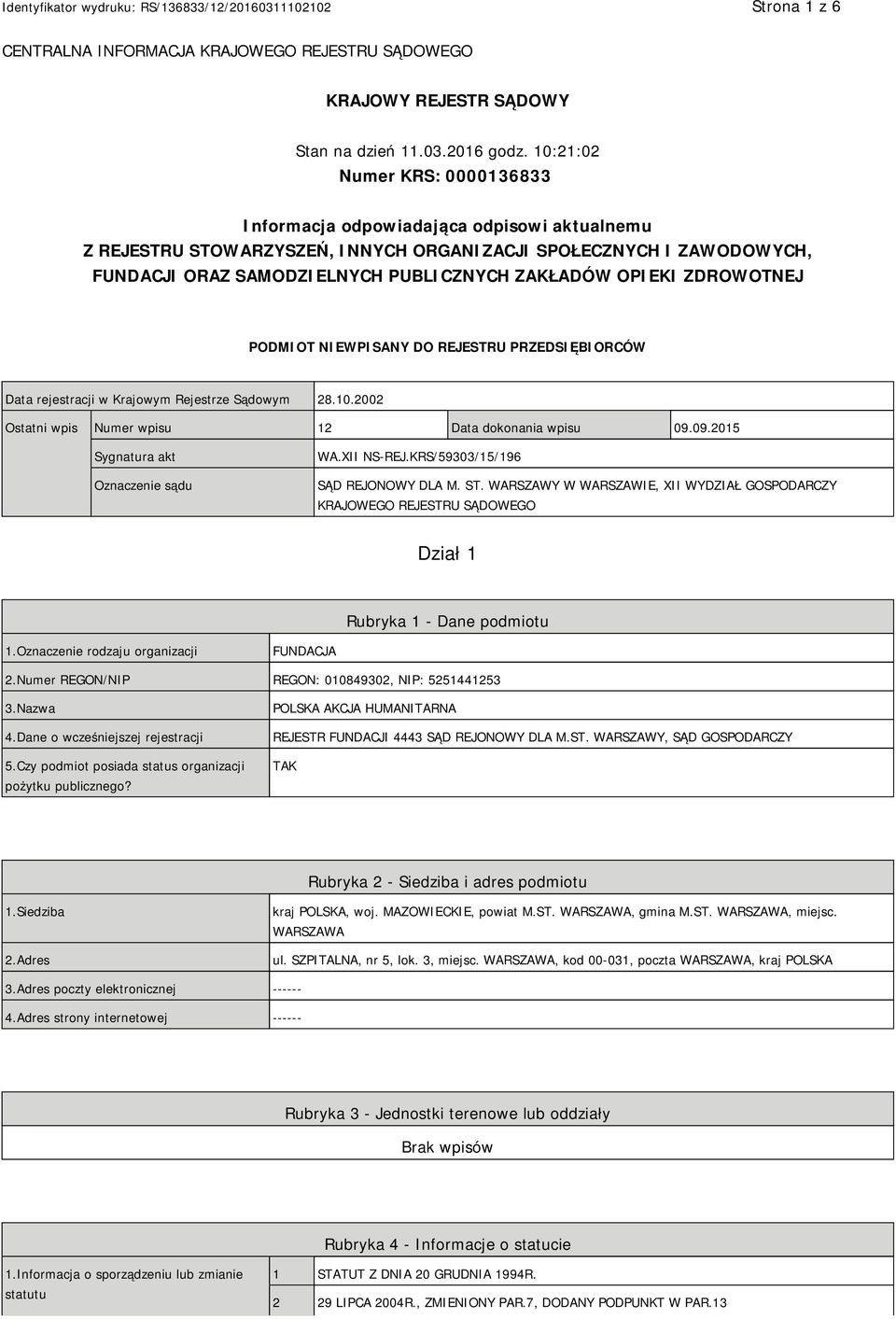 OPIEKI ZDROWOTNEJ PODMIOT NIEWPISANY DO REJESTRU PRZEDSIĘBIORCÓW Data rejestracji w Krajowym Rejestrze Sądowym 28.10.2002 Ostatni wpis Numer wpisu 12 Data dokonania wpisu 09.