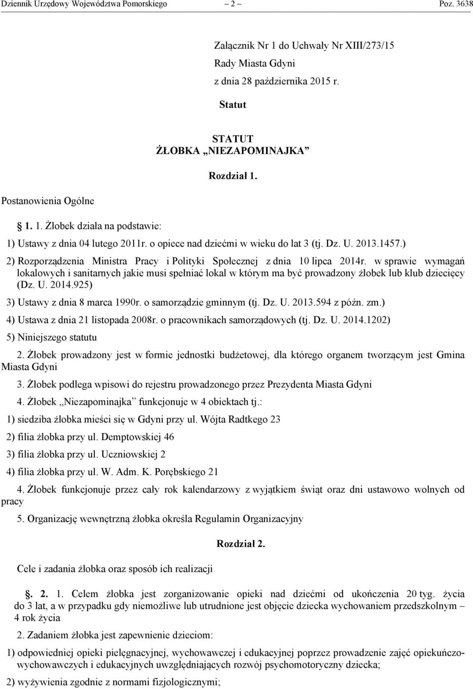 w sprawie wymagań lokalowych i sanitarnych jakie musi spełniać lokal w którym ma być prowadzony żłobek lub klub dziecięcy (Dz. U. 2014.925) 3) Ustawy z dnia 8 marca 1990r. o samorządzie gminnym (tj.